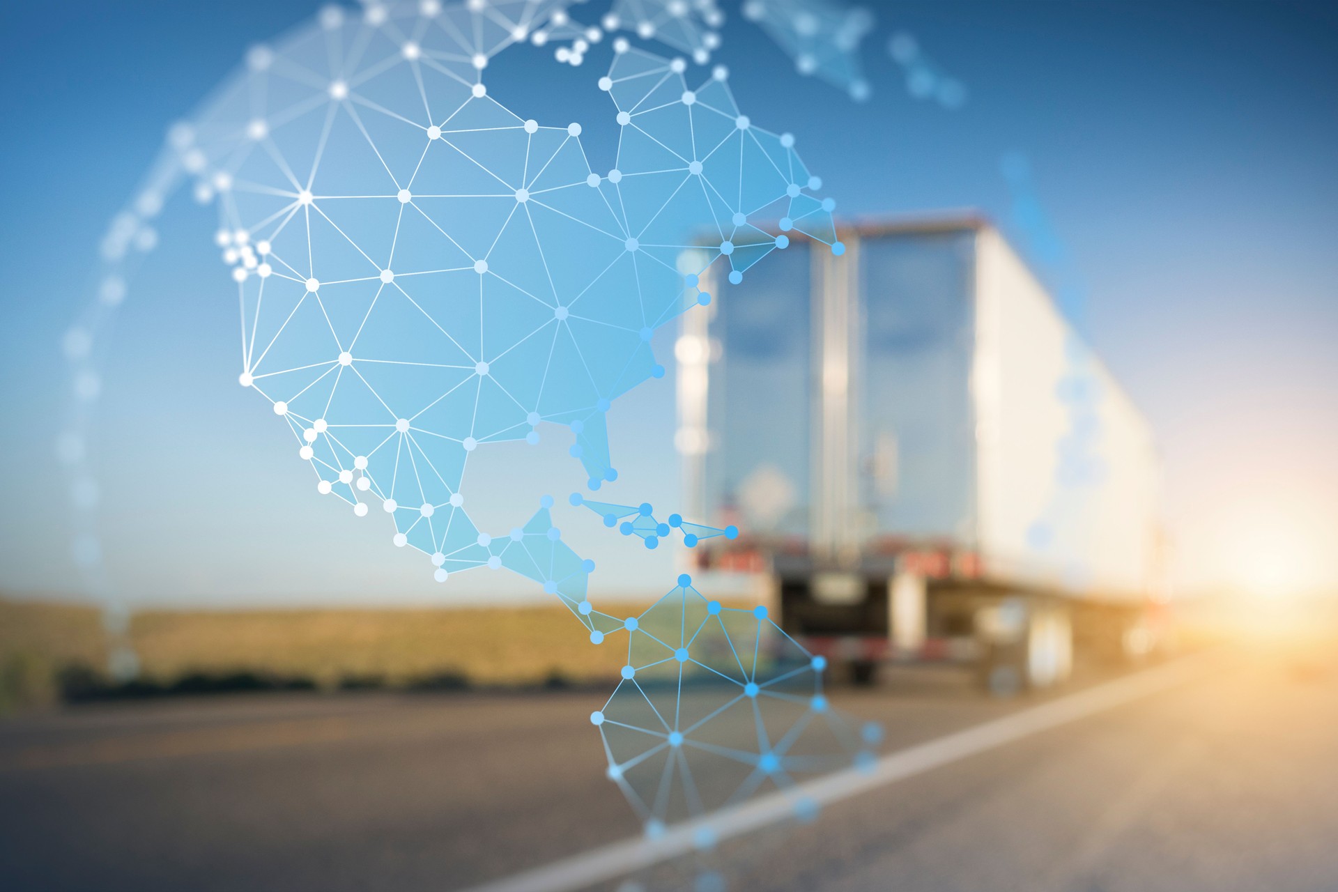 Container Truck on Highway with Polygon Network Pan Americas Globe Graphic